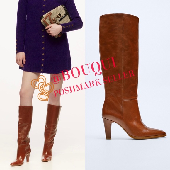 BLOGGERS FAV ZARA KNEE RISE HEELED LEATHER BOOTS - Picture 5 of 6